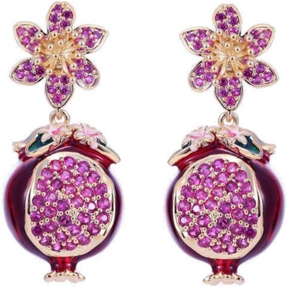 🍇 Elegant Crystal Pomegranate Earrings – Gold Drop Design, Sparkling🍇 - Picture 1 of 5